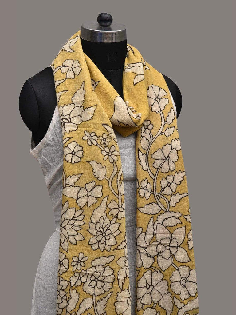 Yellow Kalamkari Hand Painted Cotton Handloom Dupatta with Floral and Birds Design ds2571