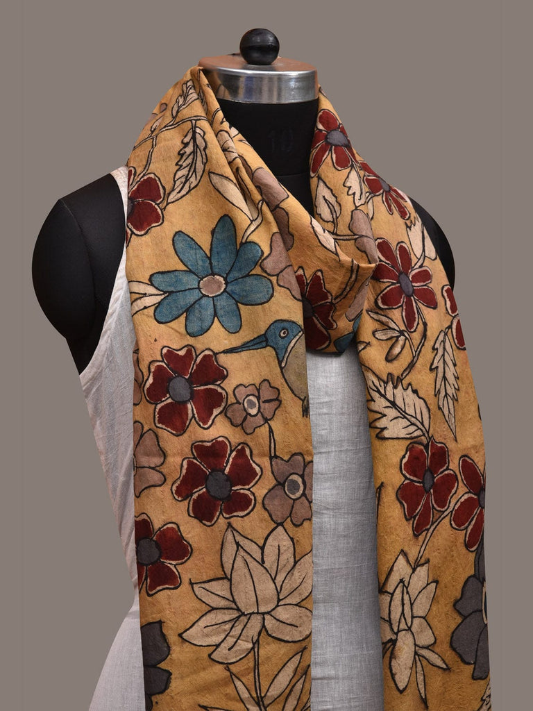 Yellow Kalamkari Hand Painted Cotton Handloom Dupatta with Floral and Birds Design ds2863