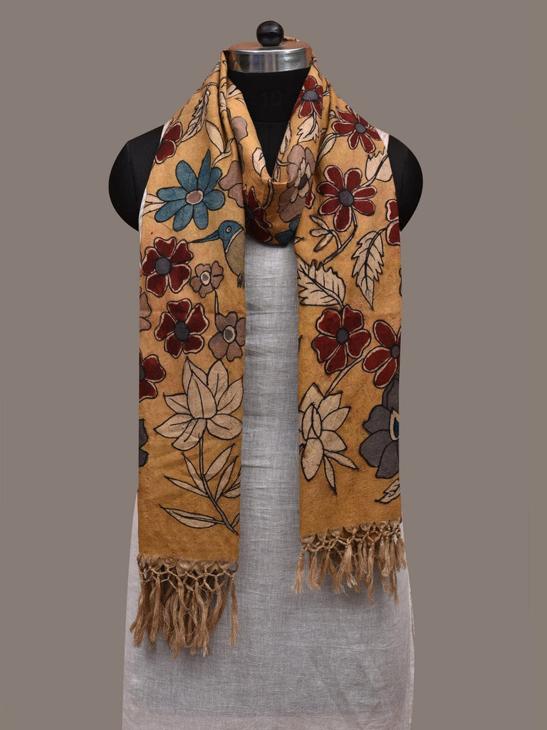 Yellow Kalamkari Hand Painted Cotton Handloom Dupatta with Floral and Birds Design ds2863