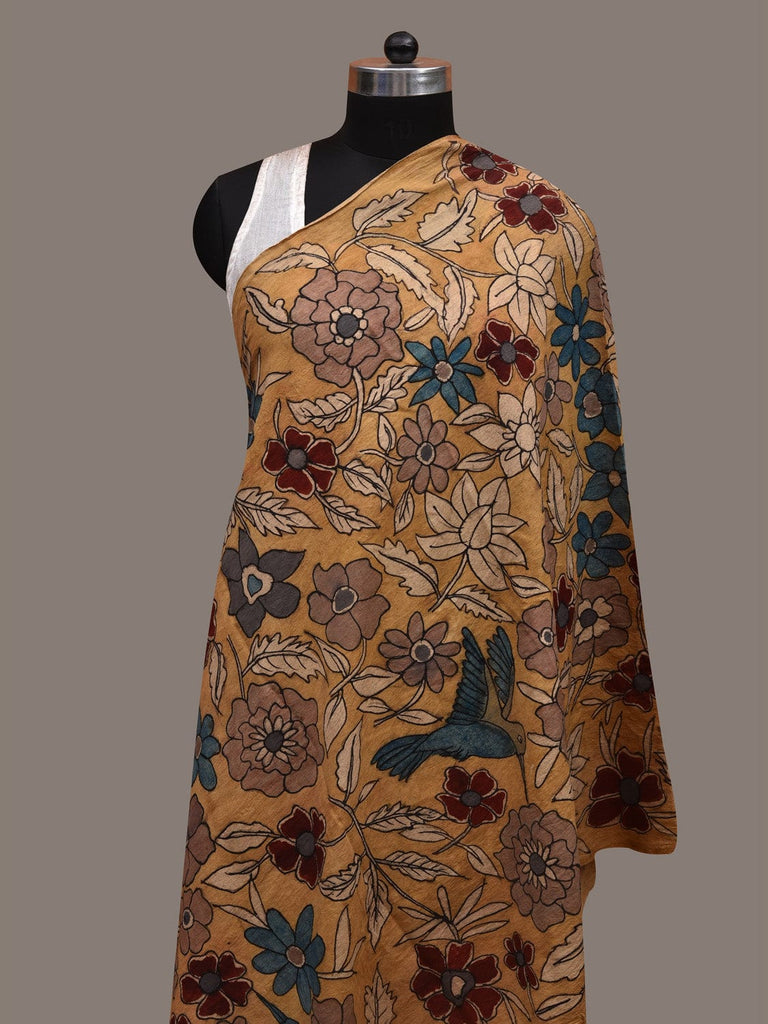 Yellow Kalamkari Hand Painted Cotton Handloom Dupatta with Floral and Birds Design ds2863