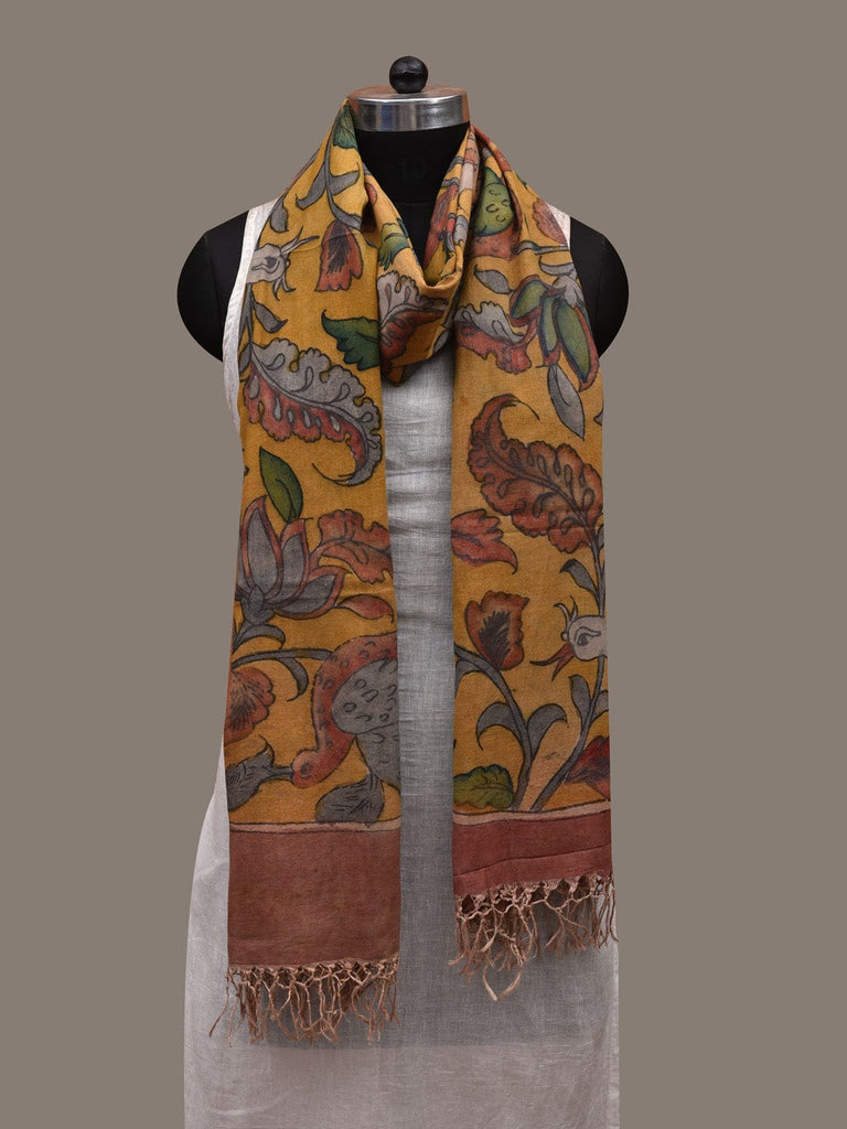 Yellow Kalamkari Hand Painted Cotton Handloom Dupatta with Floral and Birds Design ds2886