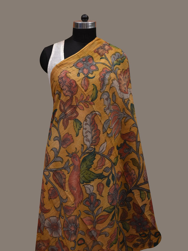 Yellow Kalamkari Hand Painted Cotton Handloom Dupatta with Floral and Birds Design ds2886