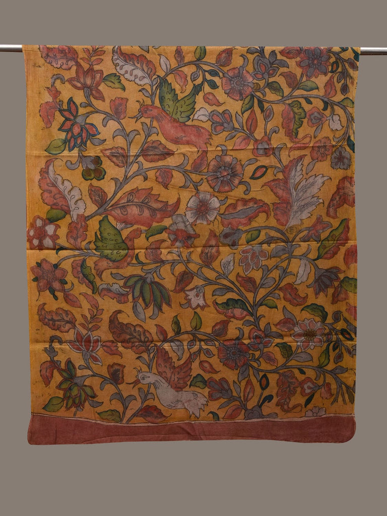 Yellow Kalamkari Hand Painted Cotton Handloom Dupatta with Floral and Birds Design ds2886