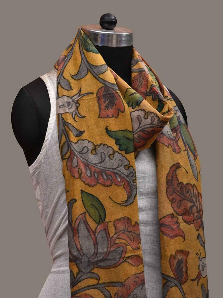 Yellow Kalamkari Hand Painted Cotton Handloom Dupatta with Floral and Birds Design ds2886