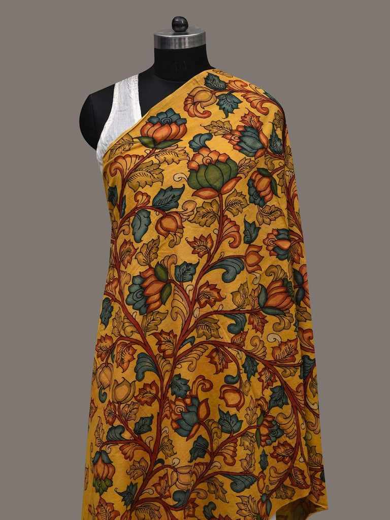 Yellow Kalamkari Hand Painted Cotton Handloom Dupatta with Lotus Flowers Design ds2522