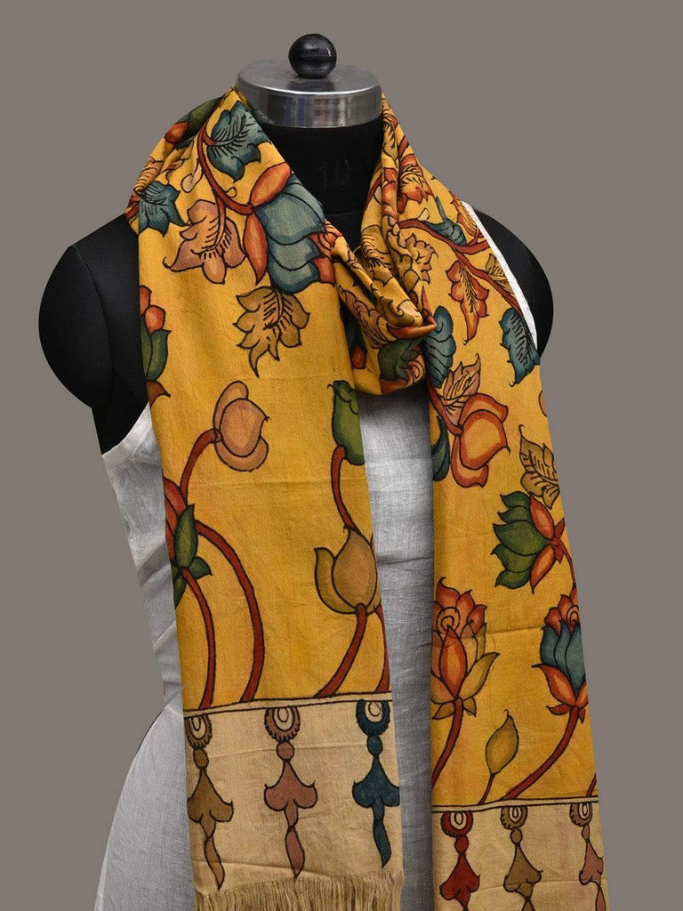 Yellow Kalamkari Hand Painted Cotton Handloom Dupatta with Lotus Flowers Design ds2522
