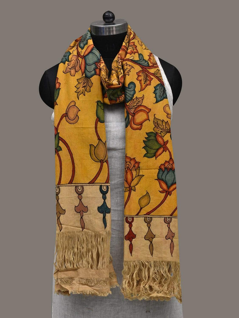 Yellow Kalamkari Hand Painted Cotton Handloom Dupatta with Lotus Flowers Design ds2522