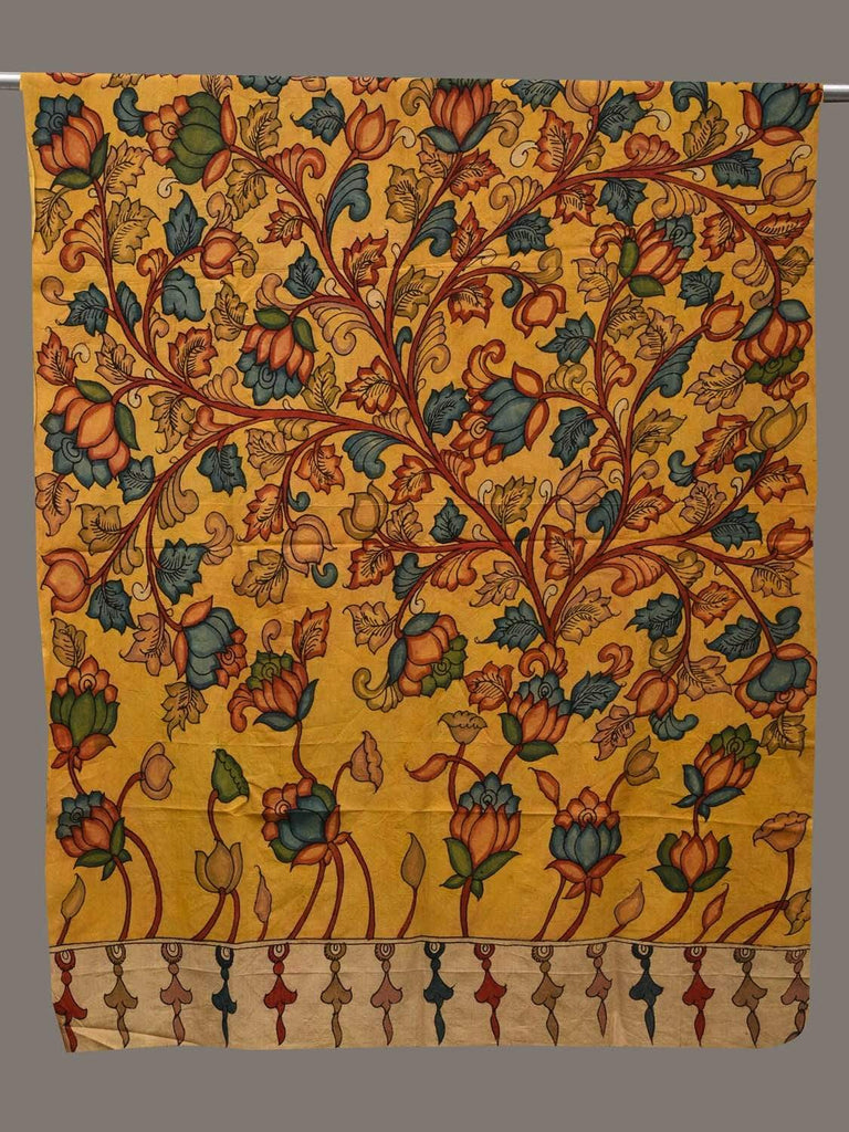 Yellow Kalamkari Hand Painted Cotton Handloom Dupatta with Lotus Flowers Design ds2522
