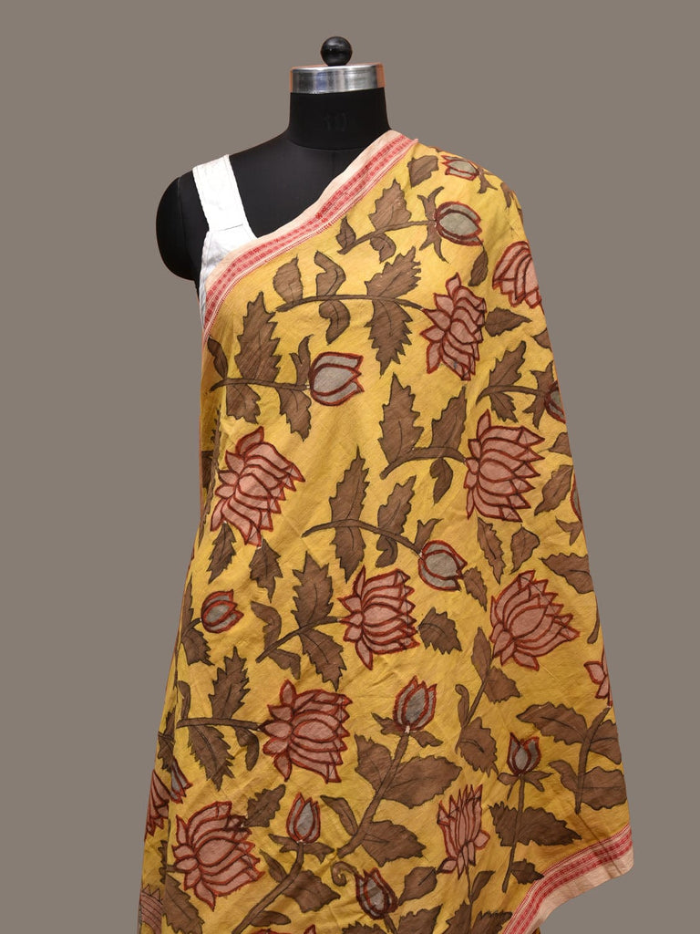 Yellow Kalamkari Hand Painted Cotton Handloom Dupatta with Lotus Flowers Design ds3129