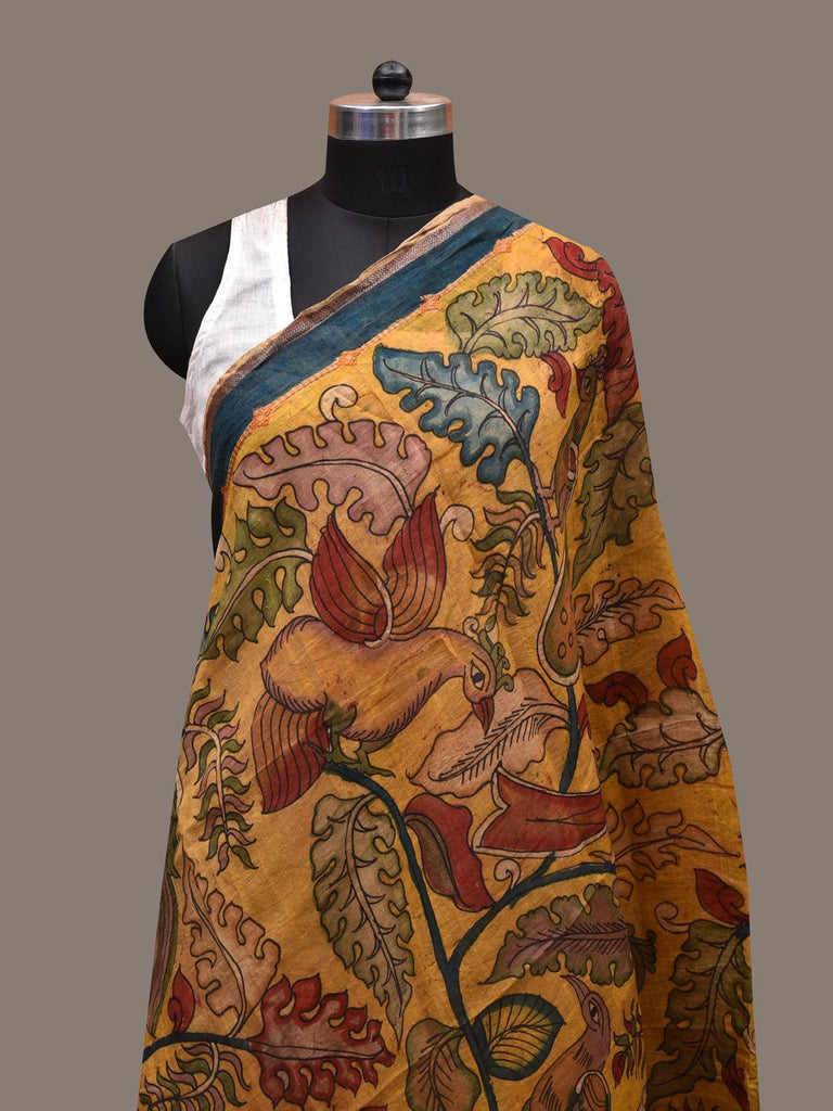 Yellow Kalamkari Hand Painted Cotton Silk Handloom Dupatta with Peacocks Design ds2699