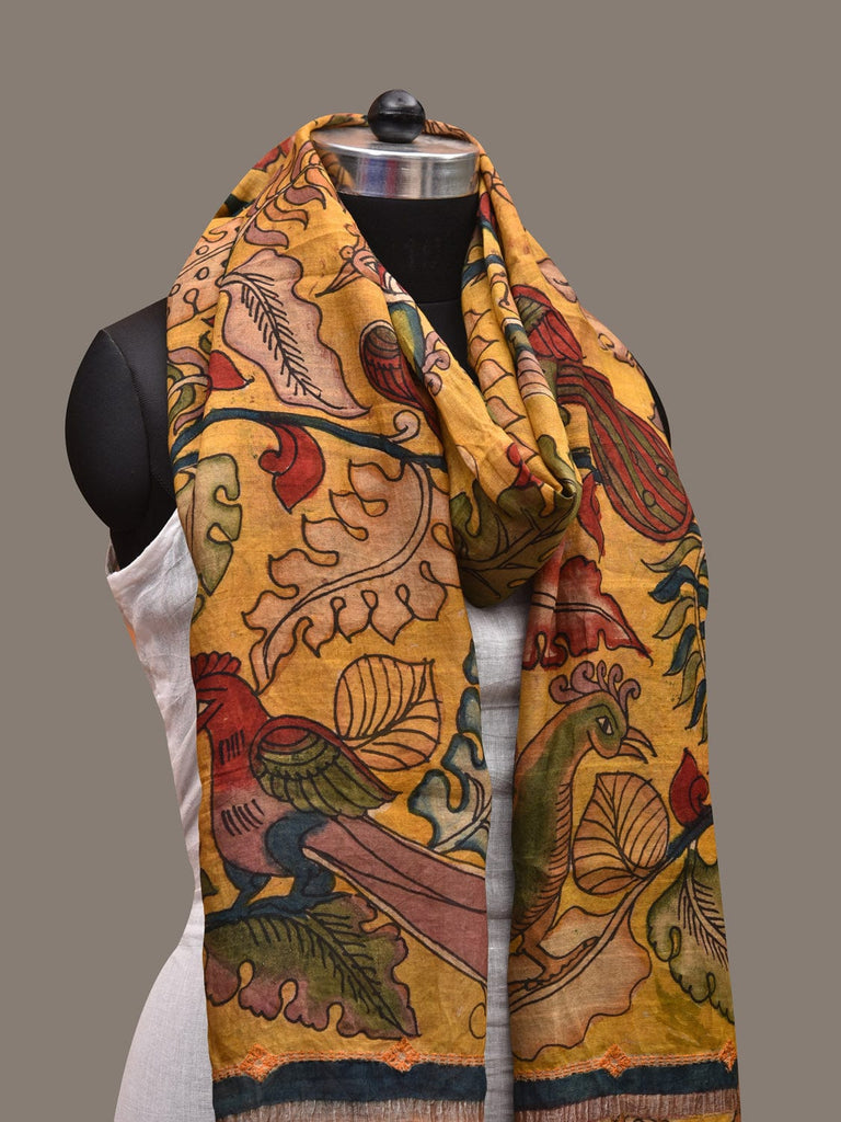 Yellow Kalamkari Hand Painted Cotton Silk Handloom Dupatta with Peacocks Design ds2699