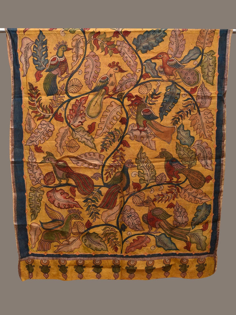 Yellow Kalamkari Hand Painted Cotton Silk Handloom Dupatta with Peacocks Design ds2699