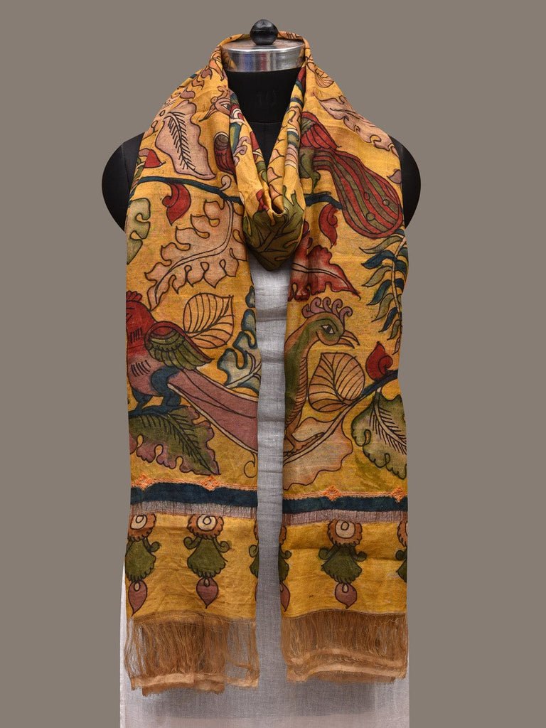 Yellow Kalamkari Hand Painted Cotton Silk Handloom Dupatta with Peacocks Design ds2699