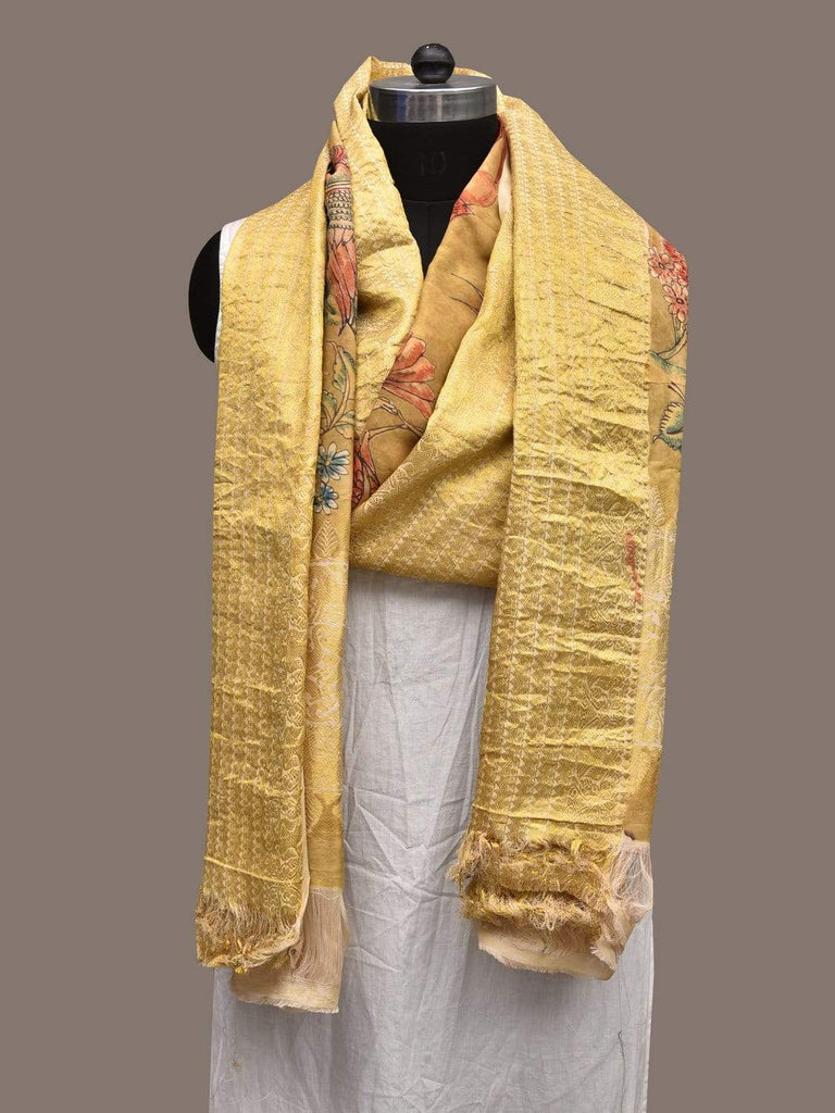 Yellow Kalamkari Hand Painted Kanchipuram Silk Handloom Dupatta with Birds Design ds2277