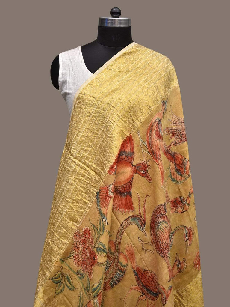 Yellow Kalamkari Hand Painted Kanchipuram Silk Handloom Dupatta with Birds Design ds2277