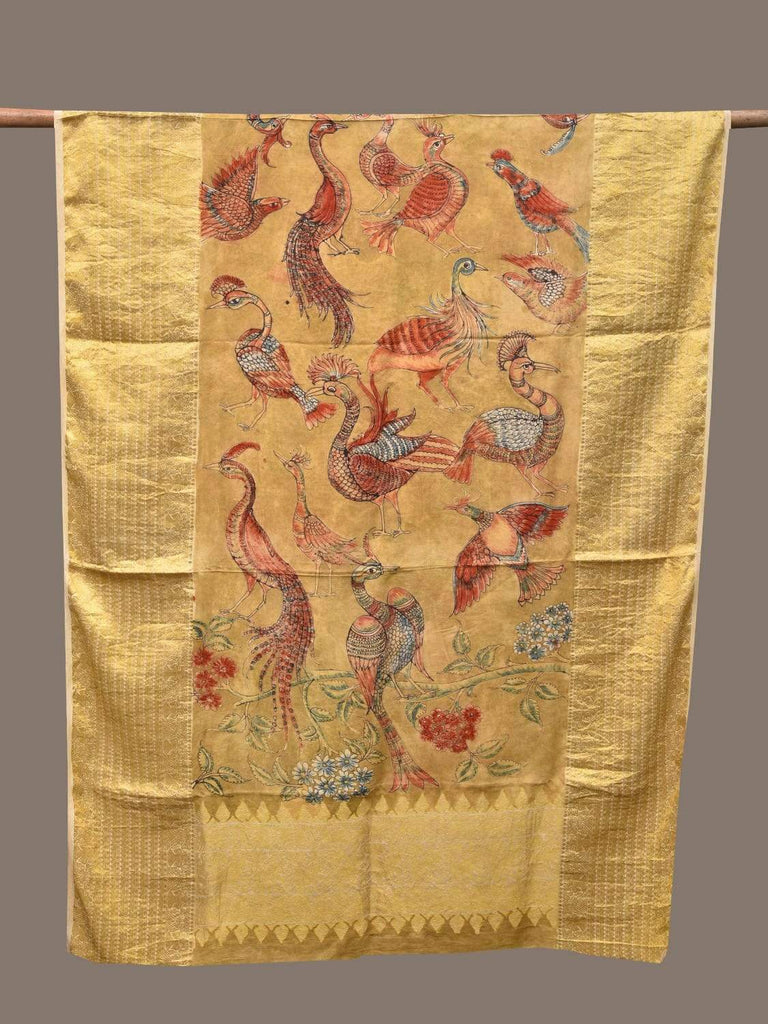 Yellow Kalamkari Hand Painted Kanchipuram Silk Handloom Dupatta with Birds Design ds2277