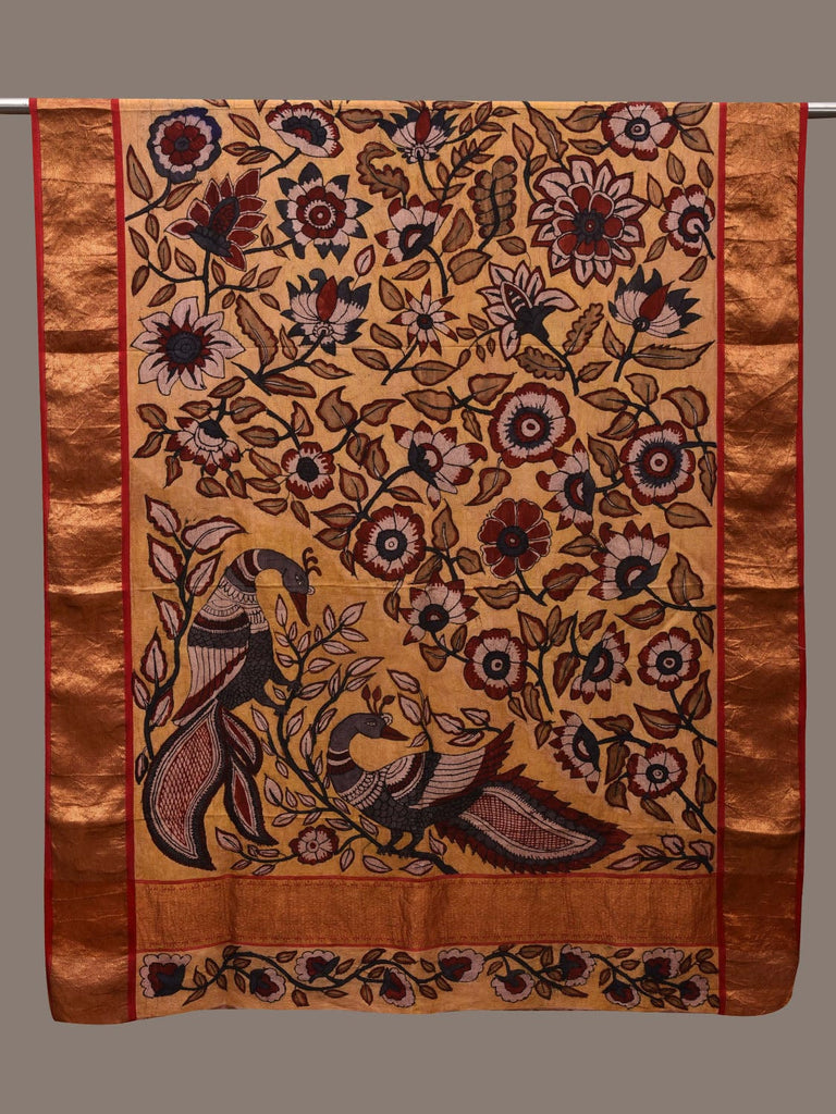 Yellow Kalamkari Hand Painted Kanchipuram Silk Handloom Dupatta with Floral and Peacocks Design ds2750