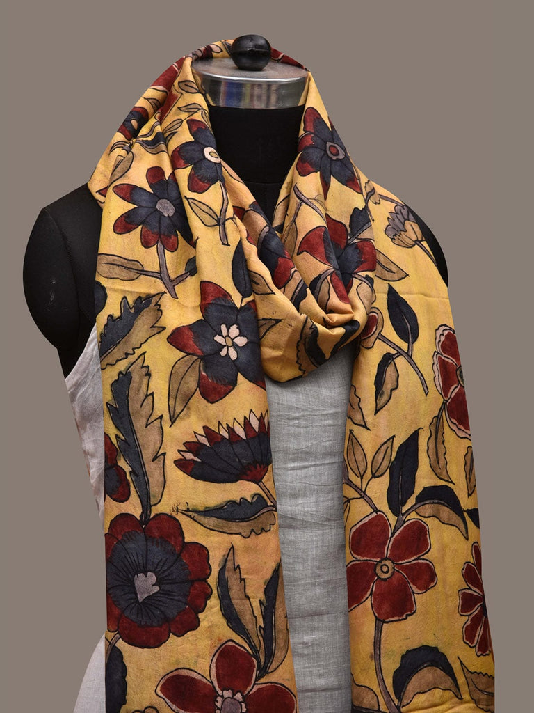 Yellow Kalamkari Hand Painted Kanchipuram Silk Handloom Dupatta with Floral Design ds2749