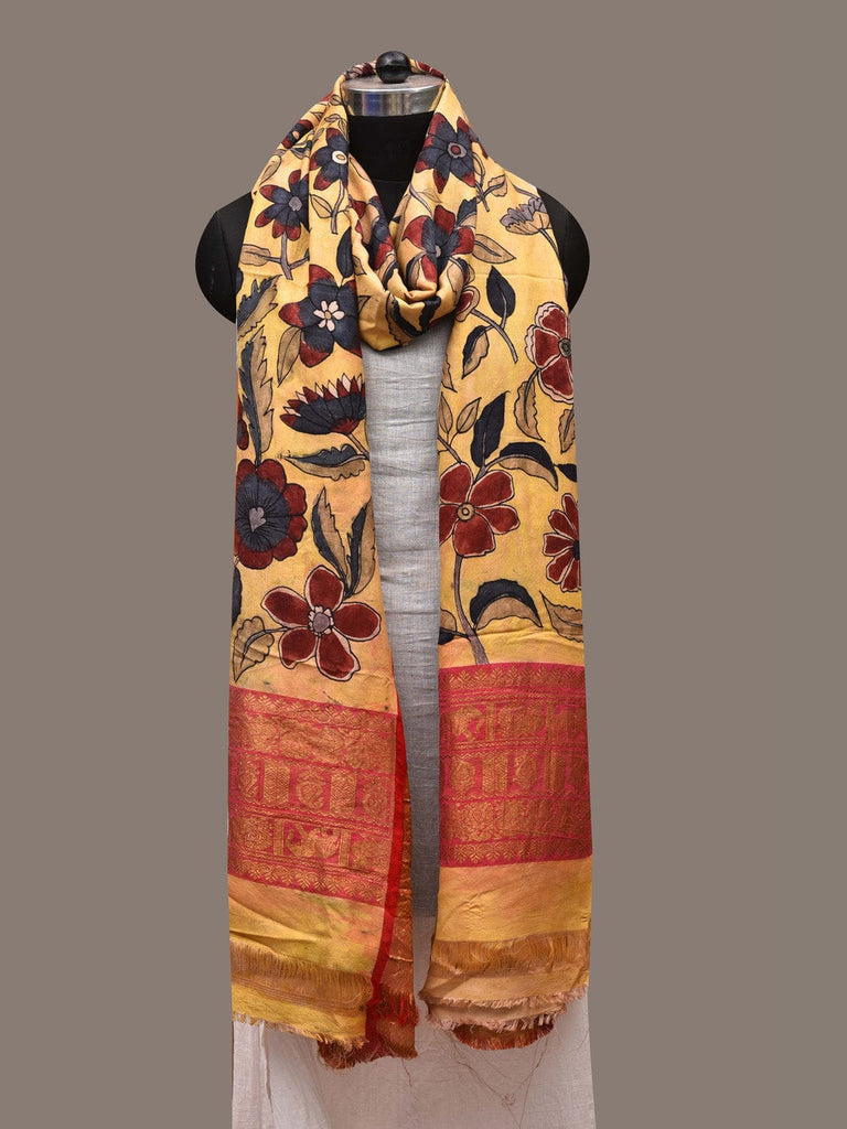 Yellow Kalamkari Hand Painted Kanchipuram Silk Handloom Dupatta with Floral Design ds2749
