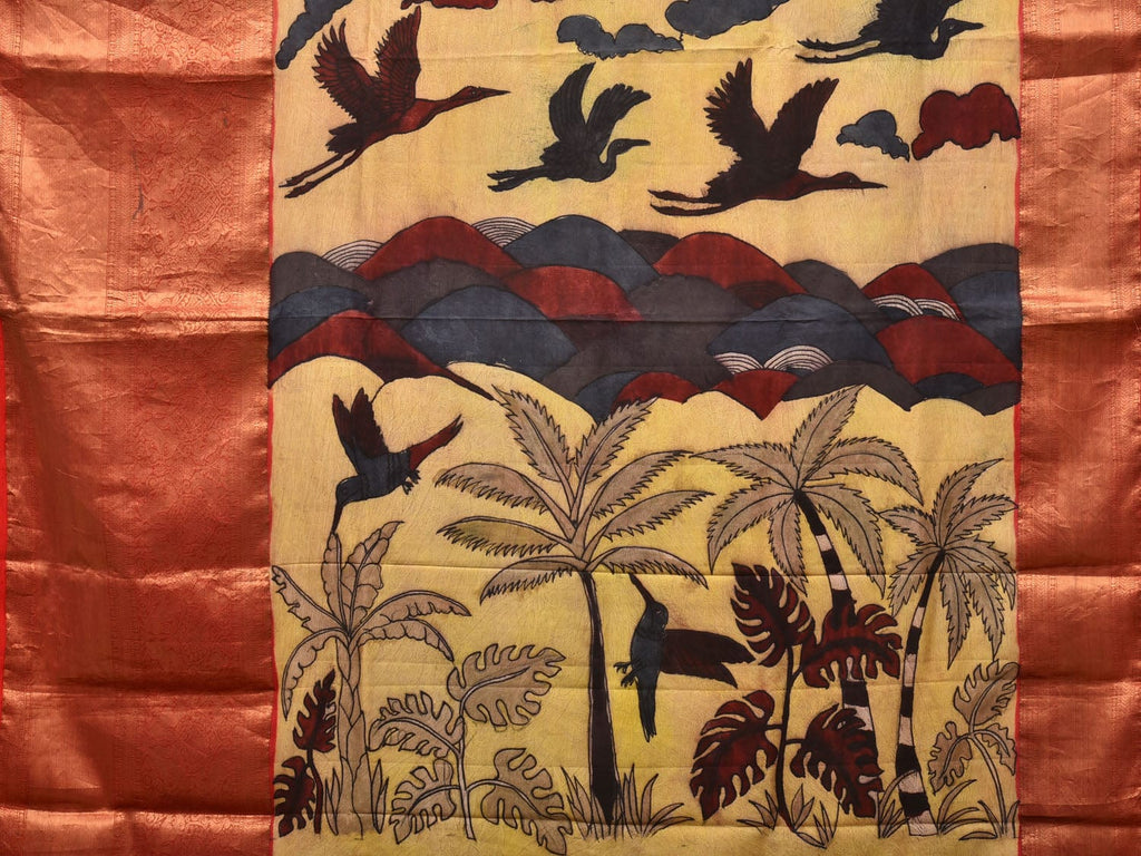 Yellow Kalamkari Hand Painted Kanchipuram Silk Handloom Saree with Birds and Floral Design No Blouse KL0722