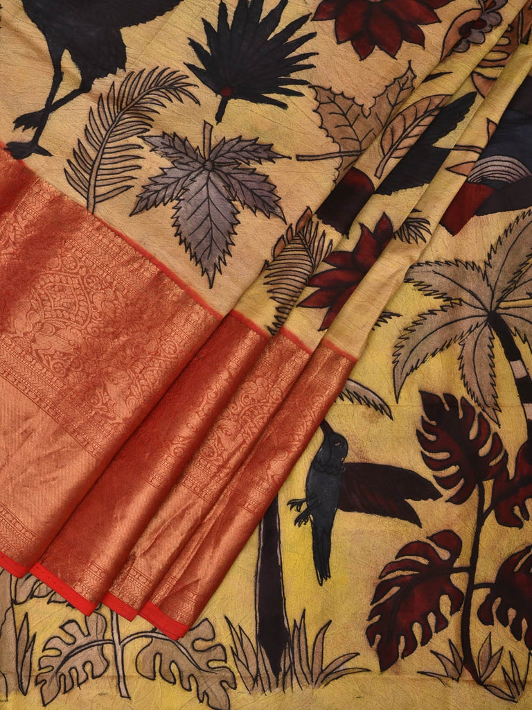 Yellow Kalamkari Hand Painted Kanchipuram Silk Handloom Saree with Birds and Floral Design No Blouse KL0722