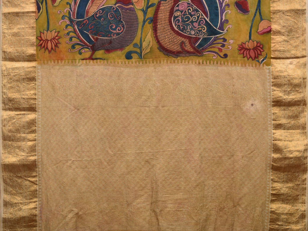 Yellow Kalamkari Hand Painted Kanchipuram Silk Handloom Saree with One Side Peacocks Design KL0646