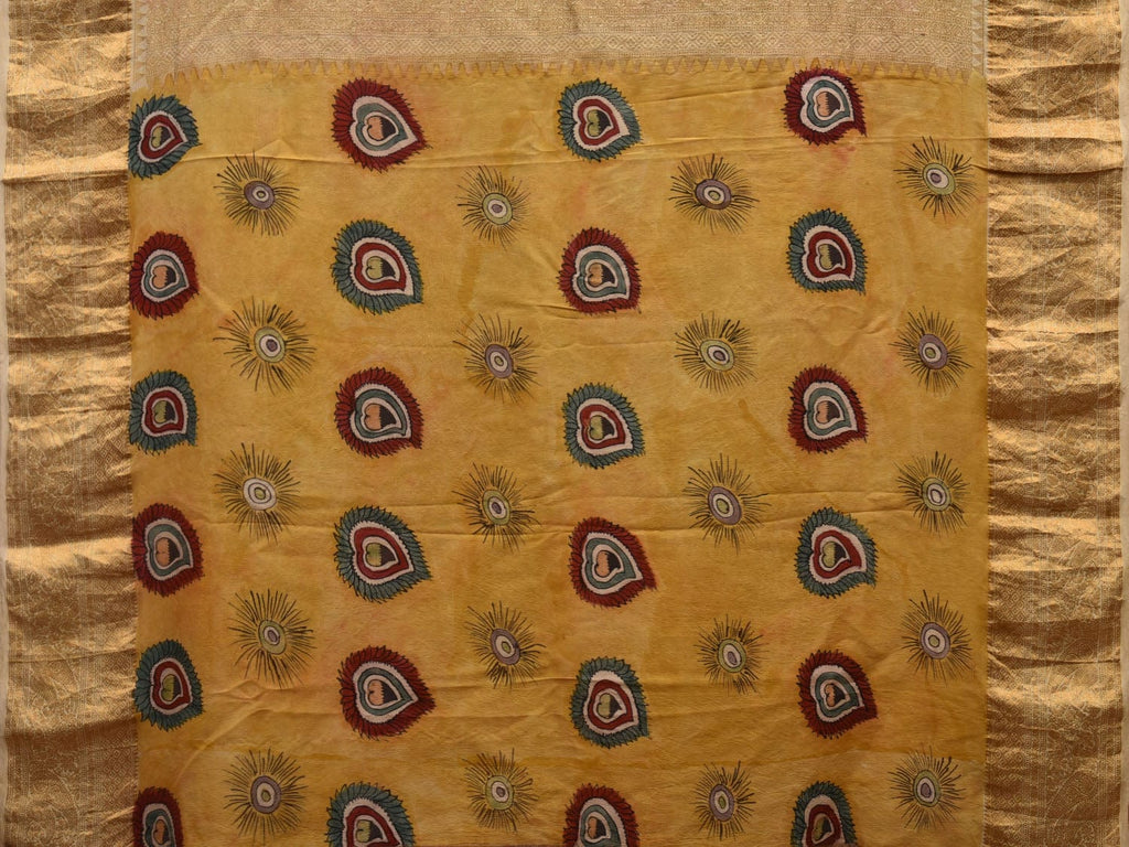 Yellow Kalamkari Hand Painted Kanchipuram Silk Handloom Saree with One Side Peacocks Design KL0646
