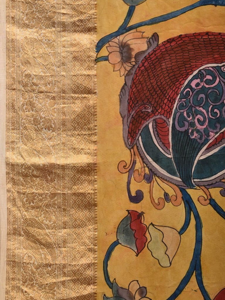 Yellow Kalamkari Hand Painted Kanchipuram Silk Handloom Saree with One Side Peacocks Design KL0646