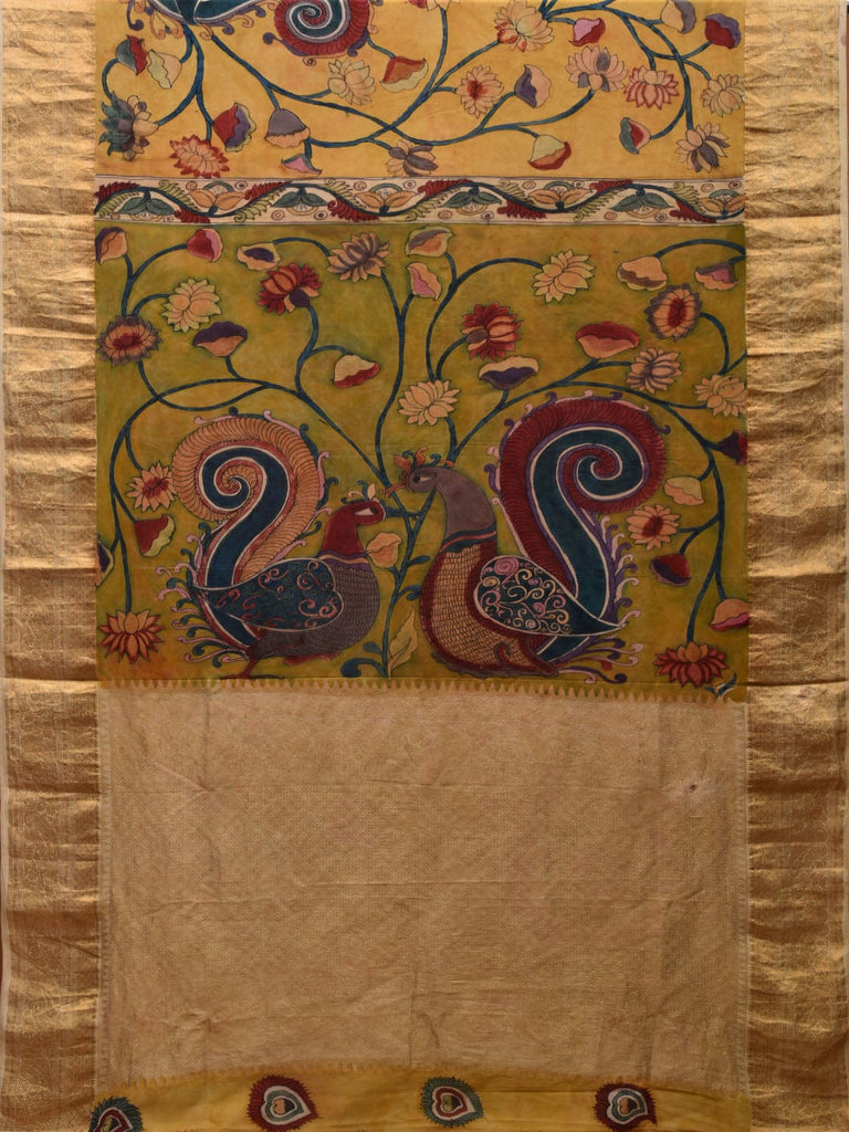 Yellow Kalamkari Hand Painted Kanchipuram Silk Handloom Saree with One Side Peacocks Design KL0646