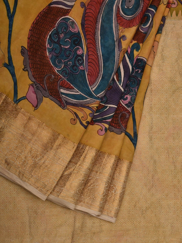 Yellow Kalamkari Hand Painted Kanchipuram Silk Handloom Saree with One Side Peacocks Design KL0646