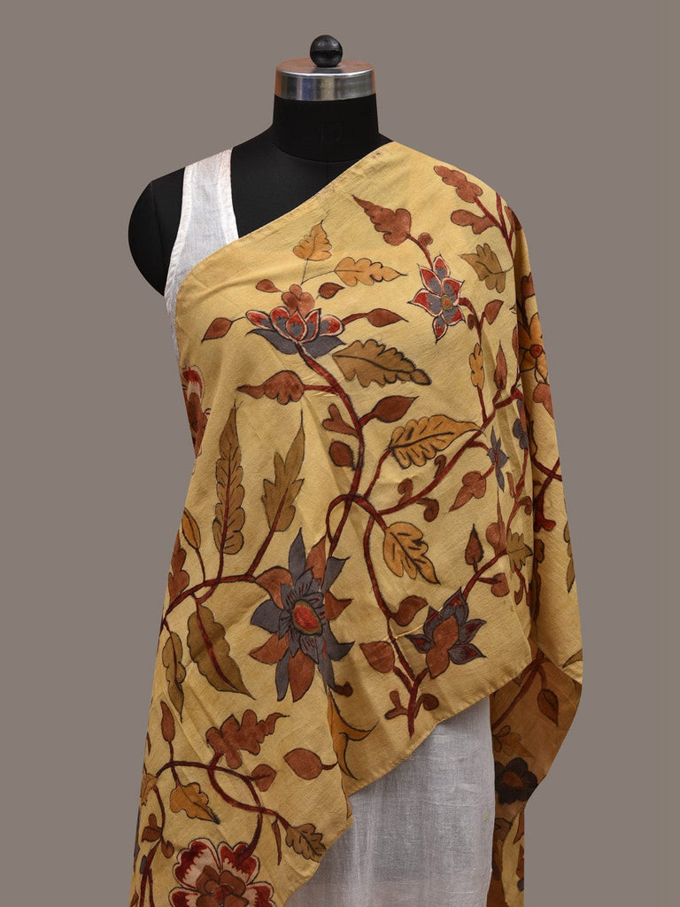 Yellow Kalamkari Hand Painted Silk Handloom Stole with Floral Design ds2803