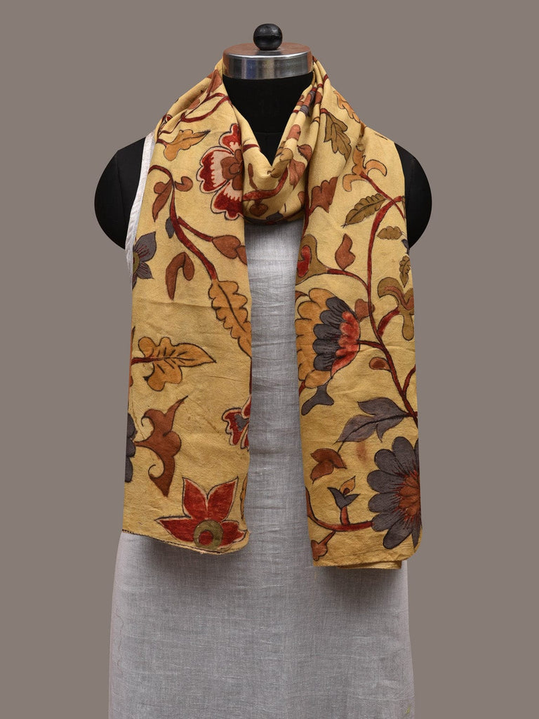 Yellow Kalamkari Hand Painted Silk Handloom Stole with Floral Design ds2803