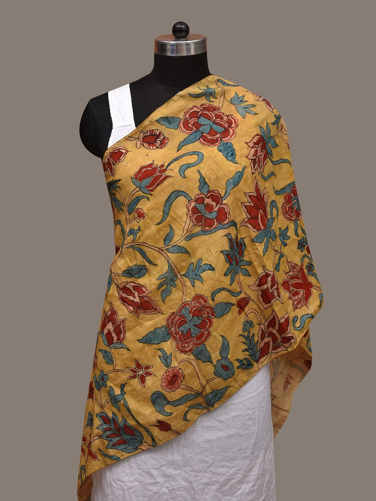 Yellow Kalamkari Hand Painted Silk Handloom Stole with Floral Design ds3028