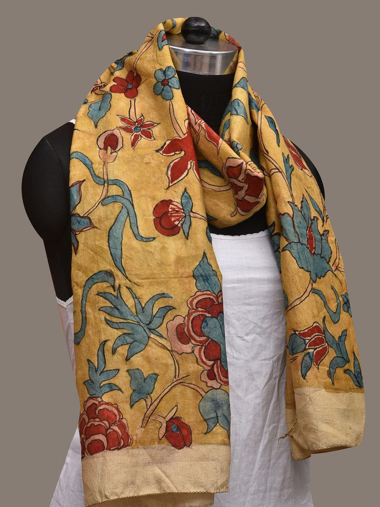 Yellow Kalamkari Hand Painted Silk Handloom Stole with Floral Design ds3028