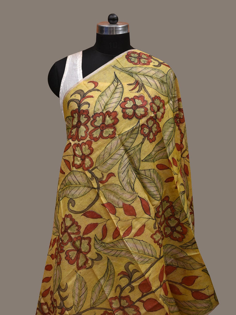 Yellow Kalamkari Hand Painted Tussar Handloom Dupatta with Floral Design ds2839