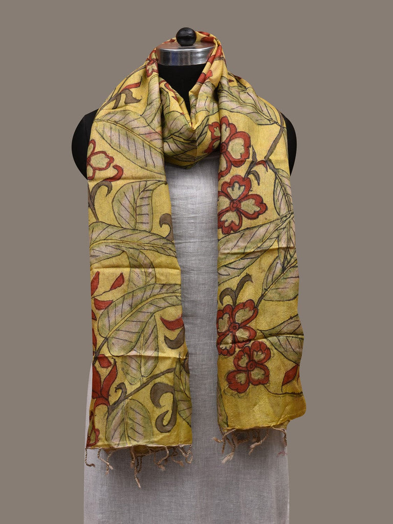 Yellow Kalamkari Hand Painted Tussar Handloom Dupatta with Floral Design ds2839