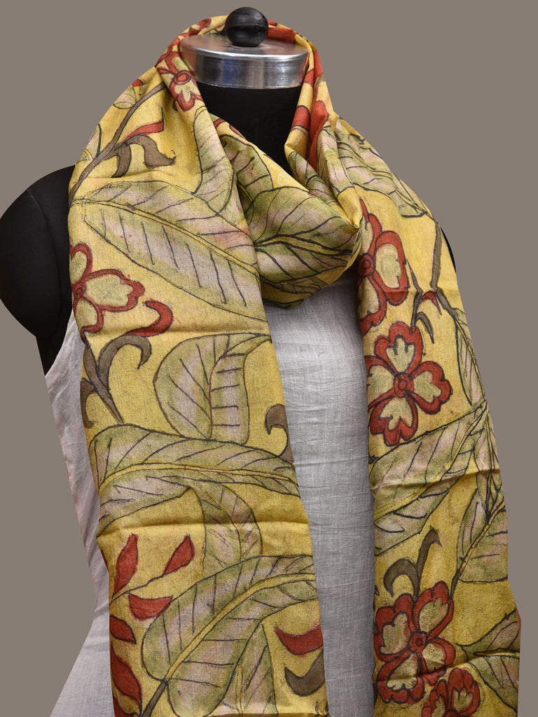 Yellow Kalamkari Hand Painted Tussar Handloom Dupatta with Floral Design ds2839