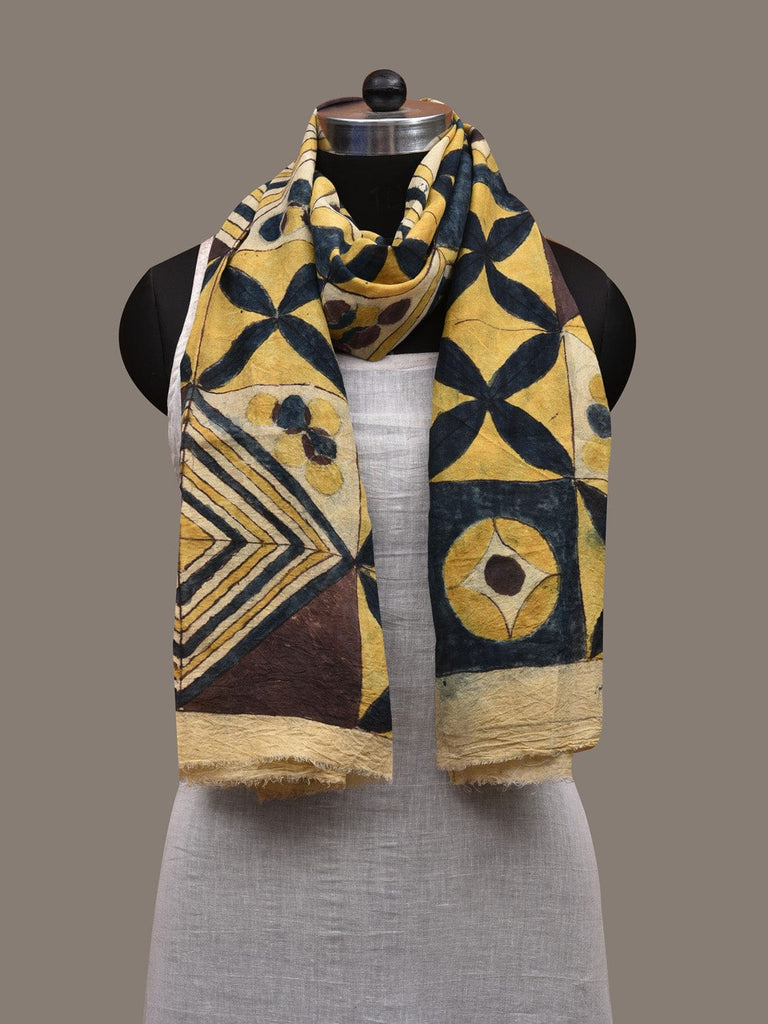 Yellow Kalamkari Hand Painted Tussar Handloom Stole with Geometric Design ds2846