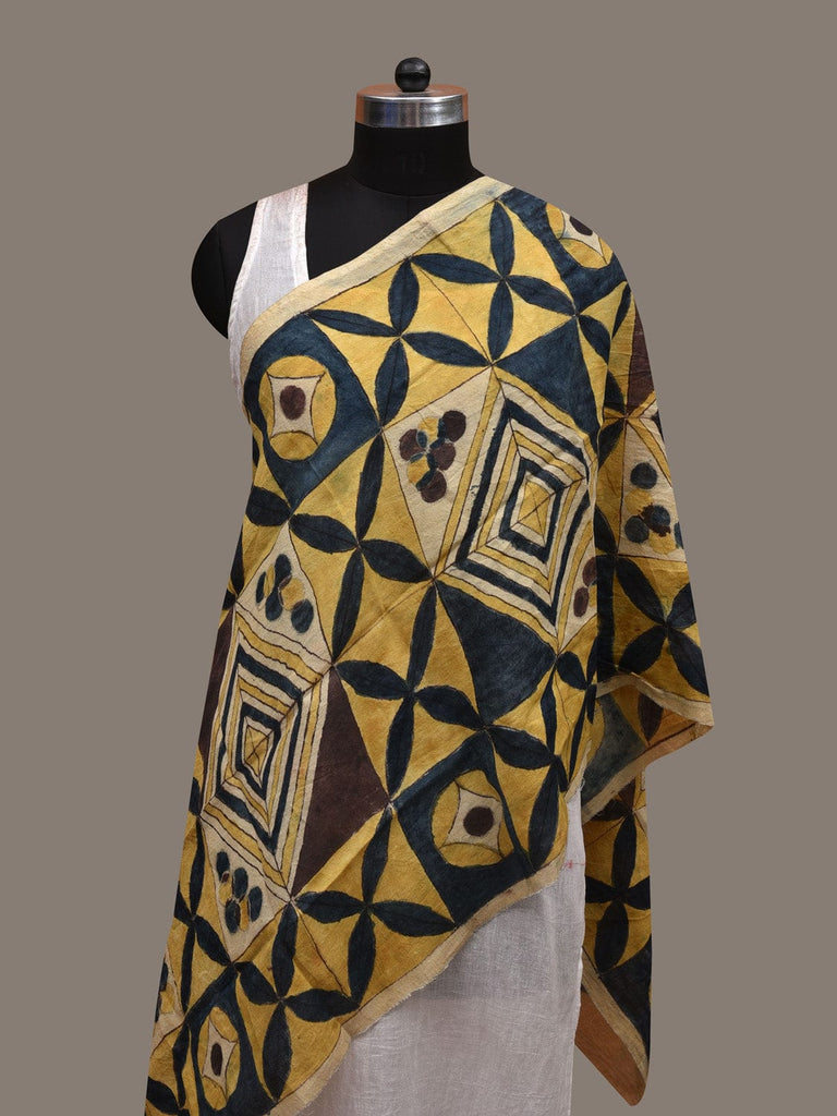 Yellow Kalamkari Hand Painted Tussar Handloom Stole with Geometric Design ds2846