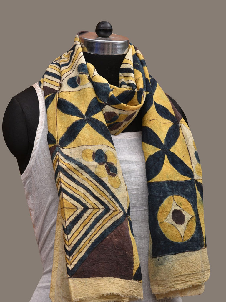 Yellow Kalamkari Hand Painted Tussar Handloom Stole with Geometric Design ds2846
