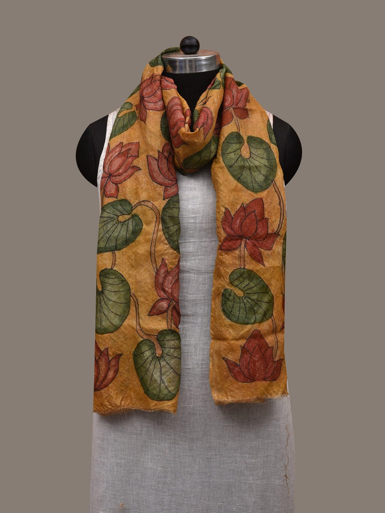 Yellow Kalamkari Hand Painted Tussar Handloom Stole with Lotus and Leaves Design ds2938