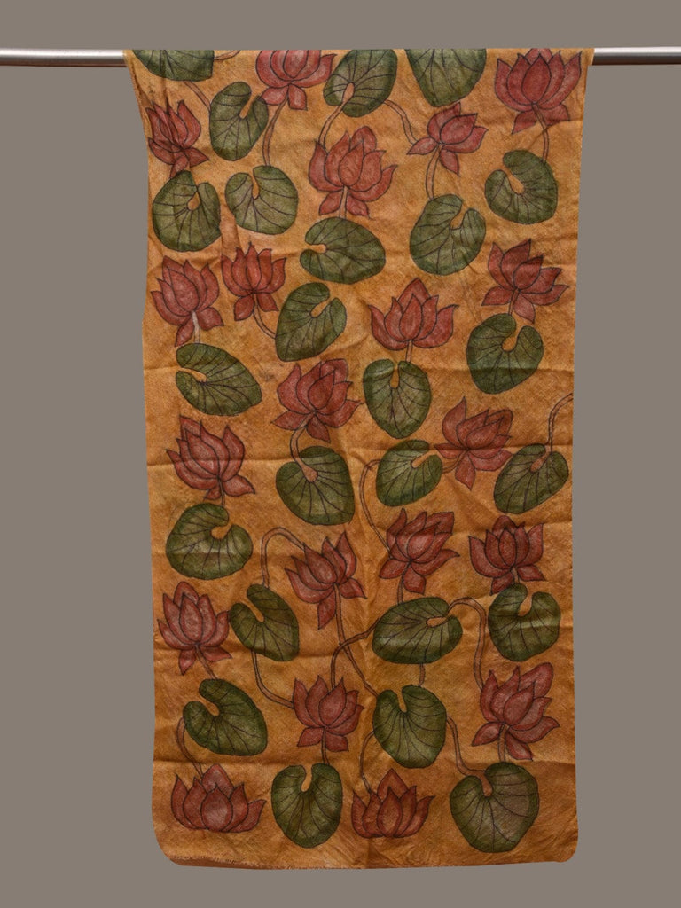 Yellow Kalamkari Hand Painted Tussar Handloom Stole with Lotus and Leaves Design ds2938