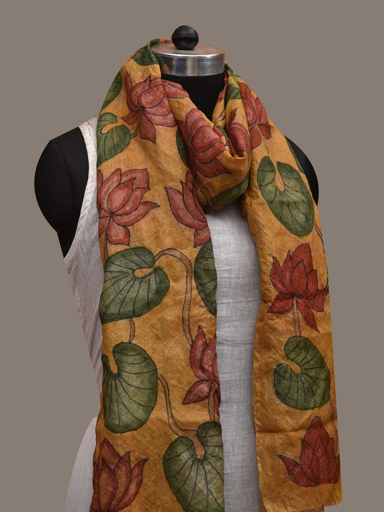 Yellow Kalamkari Hand Painted Tussar Handloom Stole with Lotus and Leaves Design ds2938