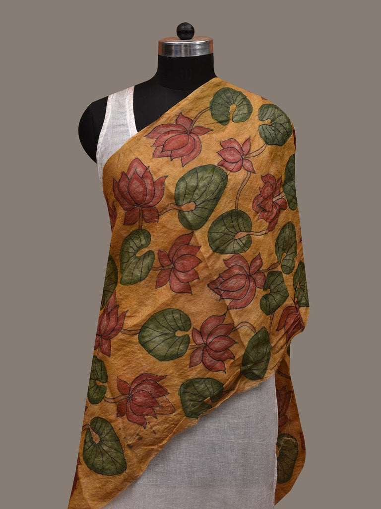 Yellow Kalamkari Hand Painted Tussar Handloom Stole with Lotus and Leaves Design ds2938