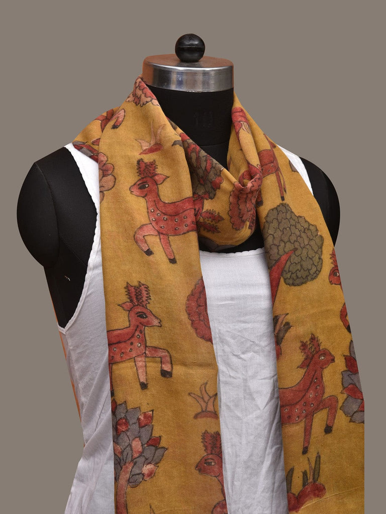 Yellow Kalamkari Hand Painted Woolen Handloom Stole with Deers Design ds3038