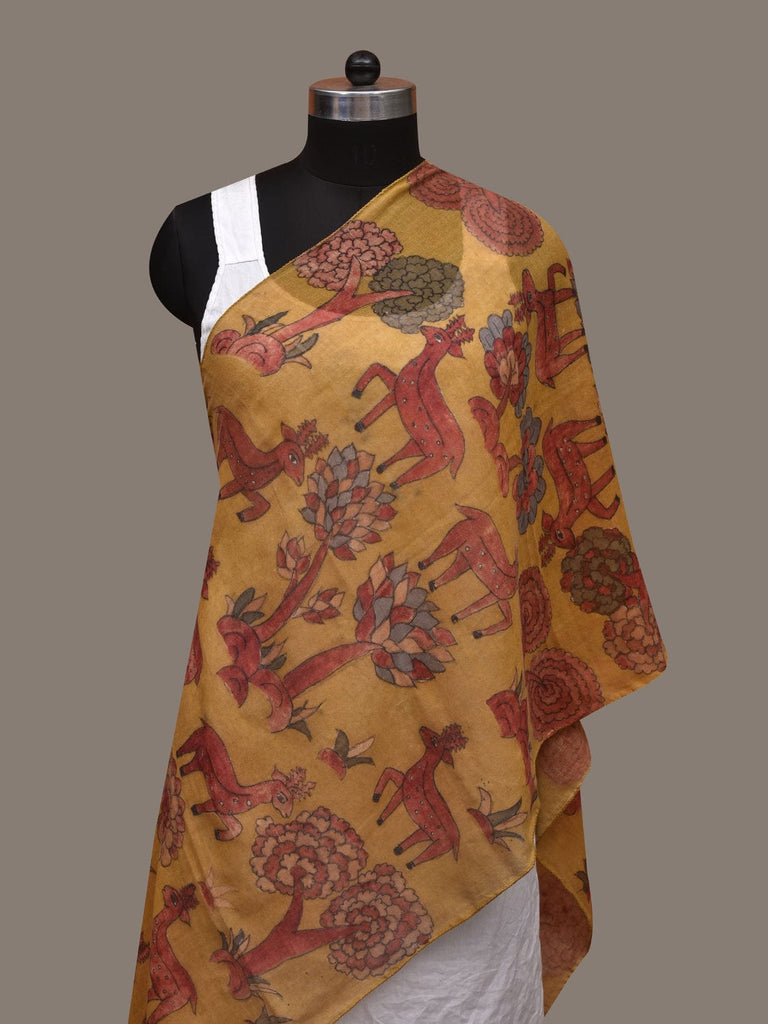 Yellow Kalamkari Hand Painted Woolen Handloom Stole with Deers Design ds3038