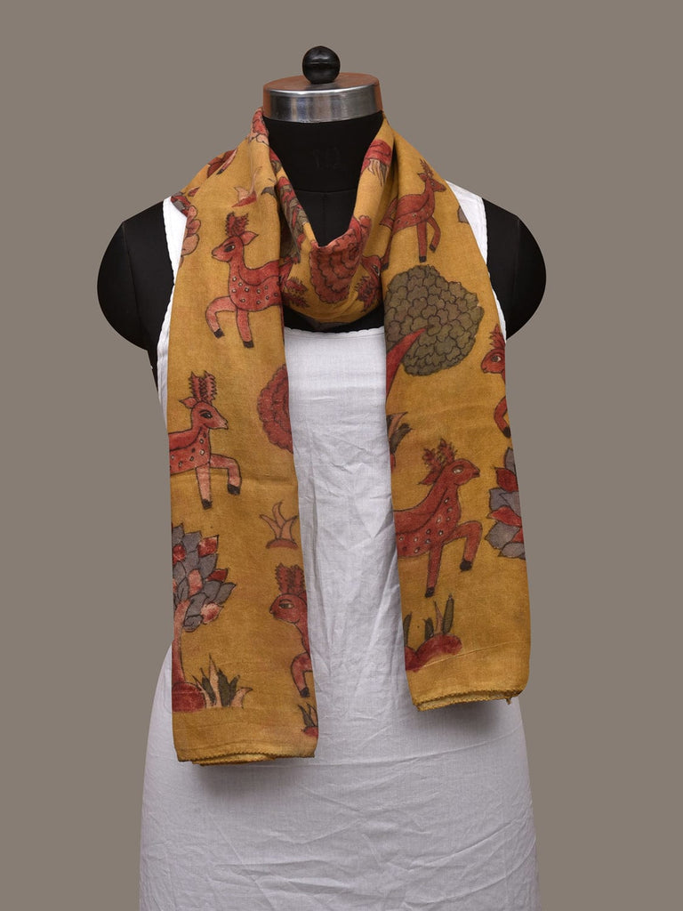 Yellow Kalamkari Hand Painted Woolen Handloom Stole with Deers Design ds3038