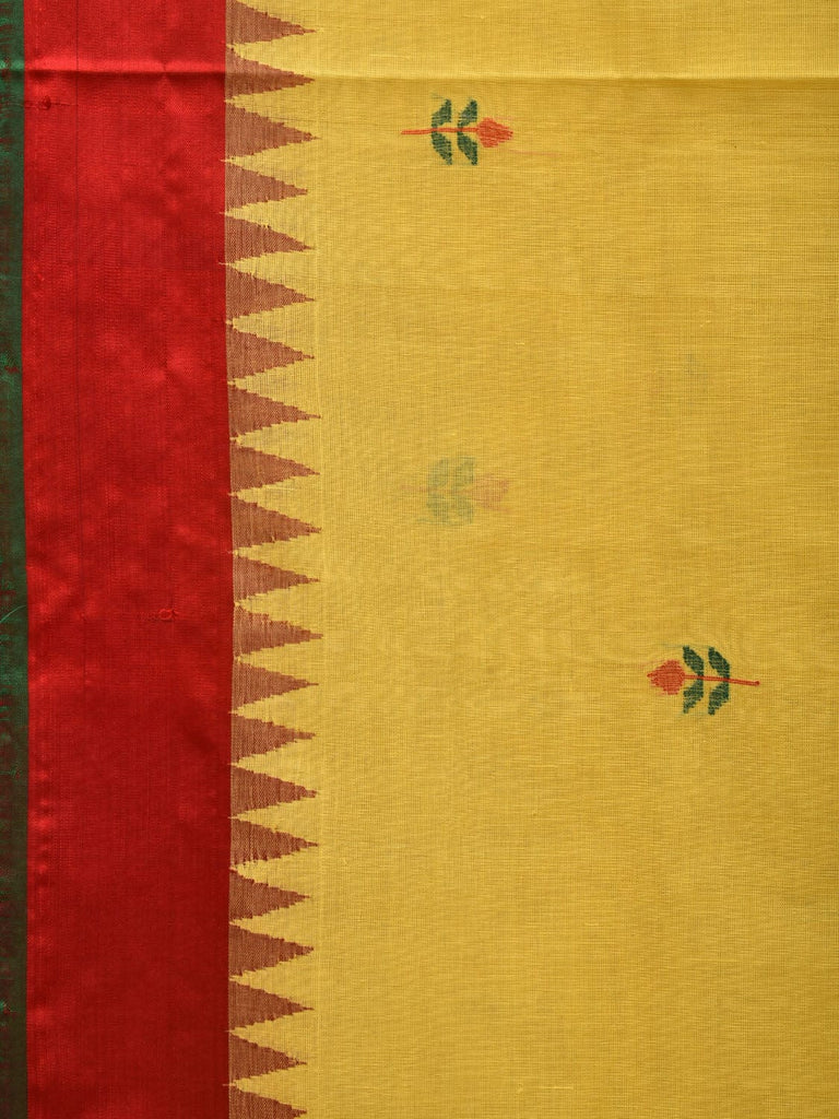 Yellow Khadi Cotton Handloom Plain Saree with Jamdani Buta and Temple Border Design kh0567