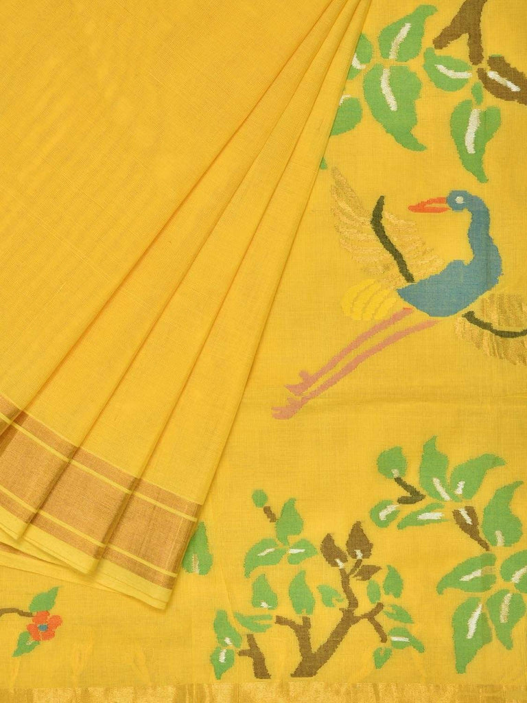 Yellow Khadi Cotton Handloom Saree with Birds Pallu Design kh0440