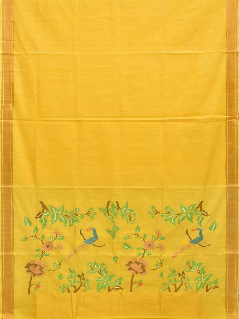 Yellow Khadi Cotton Handloom Saree with Birds Pallu Design kh0440